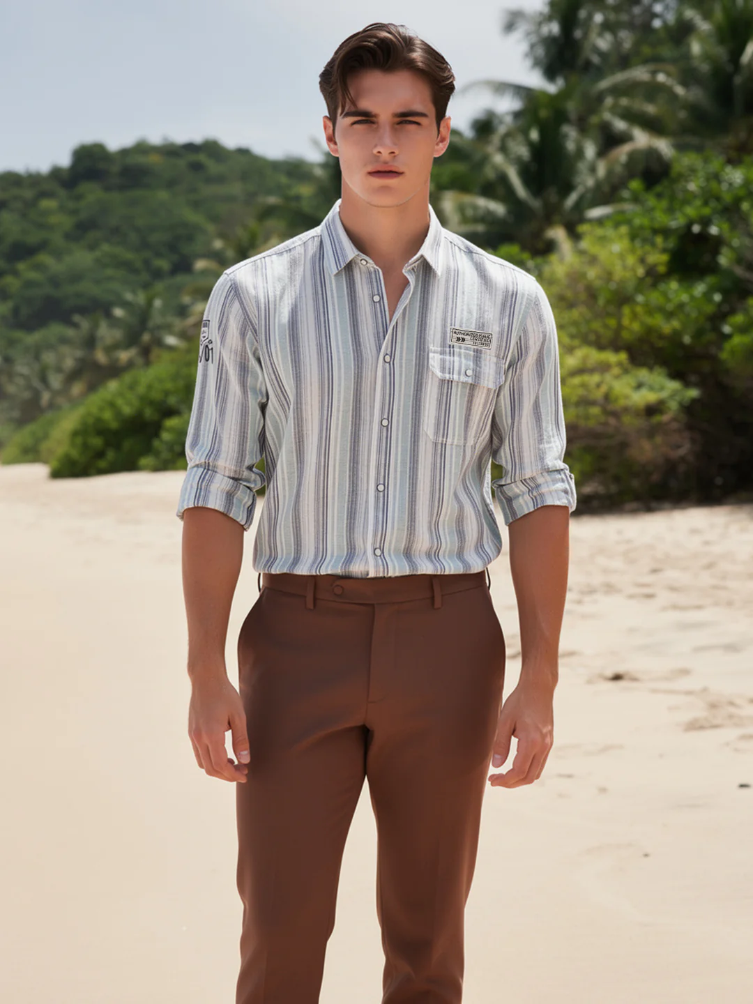 Mint Green Vertical Stripes Casual Shirt - Image 3