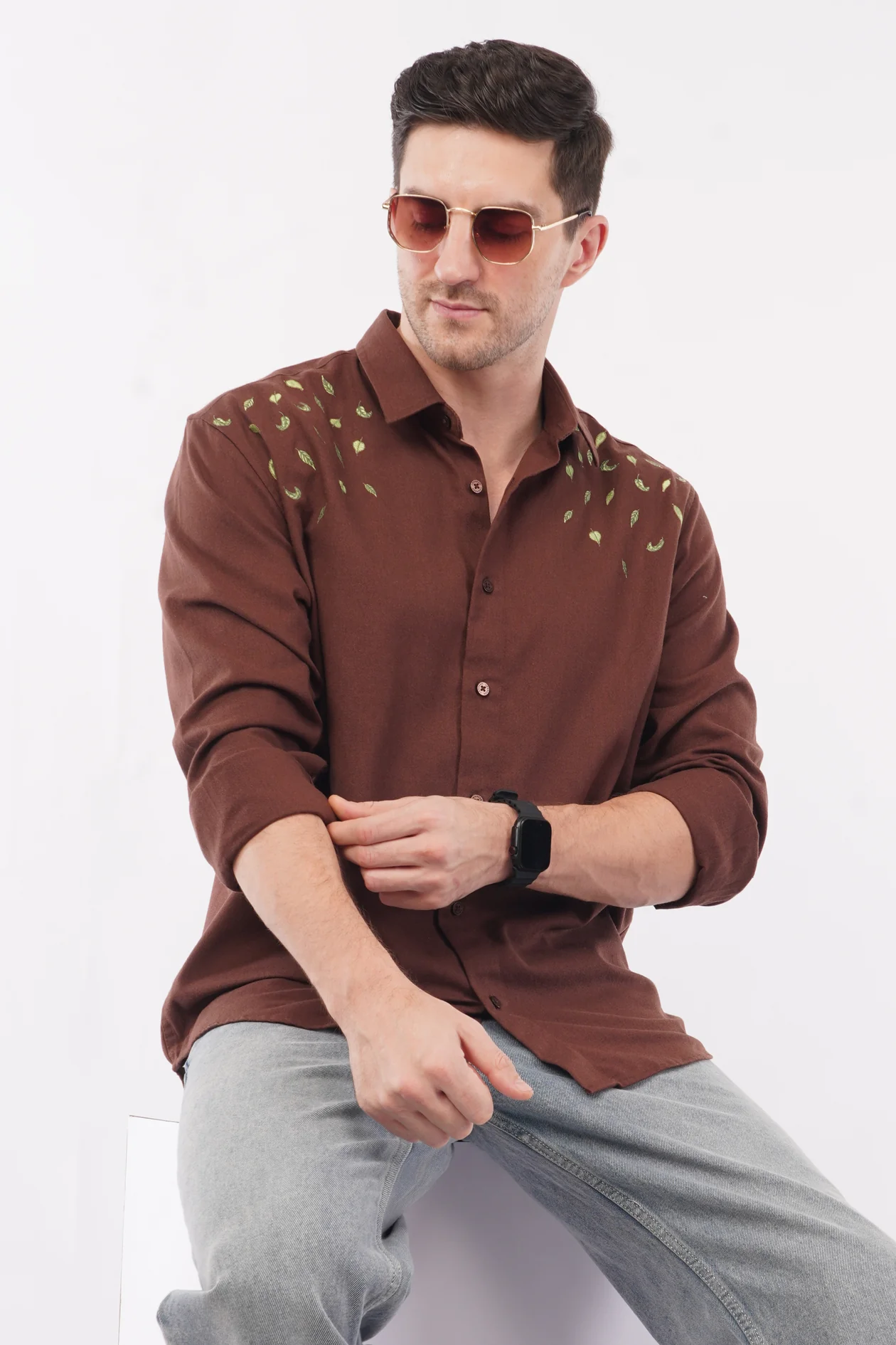 Leaves Embroidery Brown Relaxed Fit Shirt - Image 6