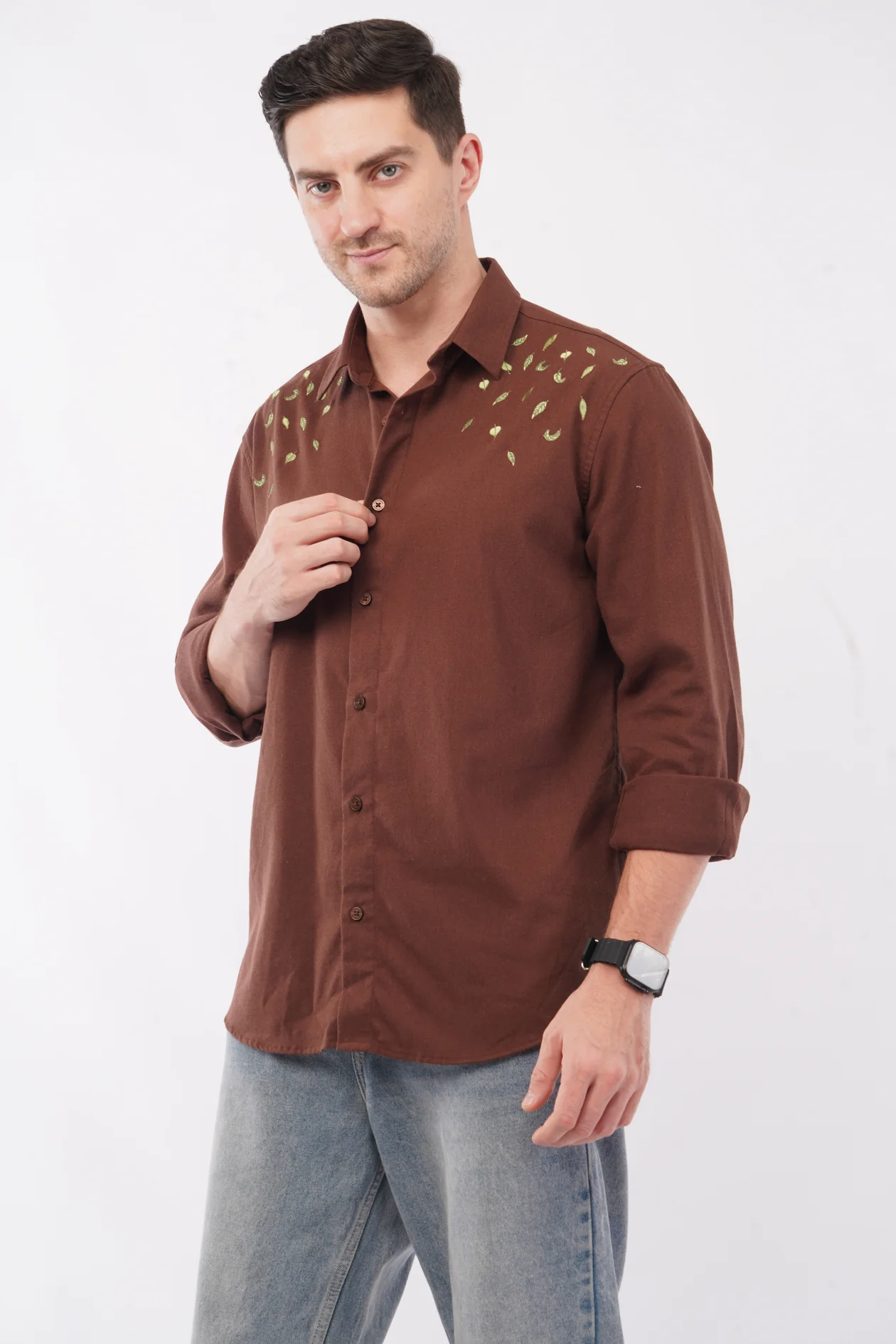 Leaves Embroidery Brown Relaxed Fit Shirt - Image 5