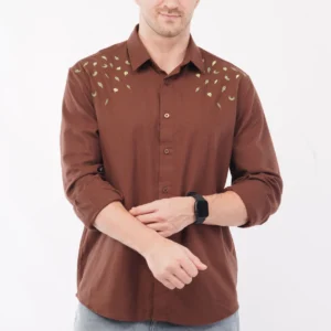 Leaves Embroidery Brown Relaxed Fit Shirt
